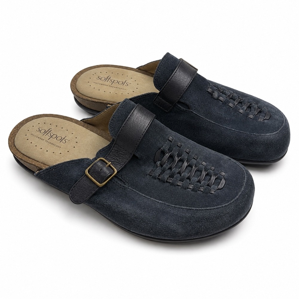Softspots Vintage Navy Blue Suede Woven Slip On Clogs Mules Women's Size 9M